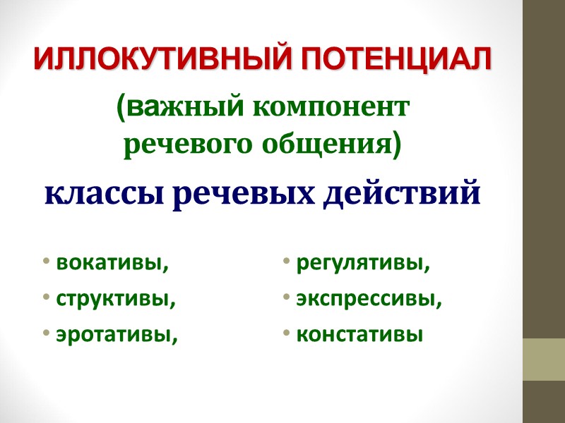 ИЛЛОКУТИВНЫЙ ПОТЕНЦИАЛ   (важный компонент  речевого общения)   классы речевых действий